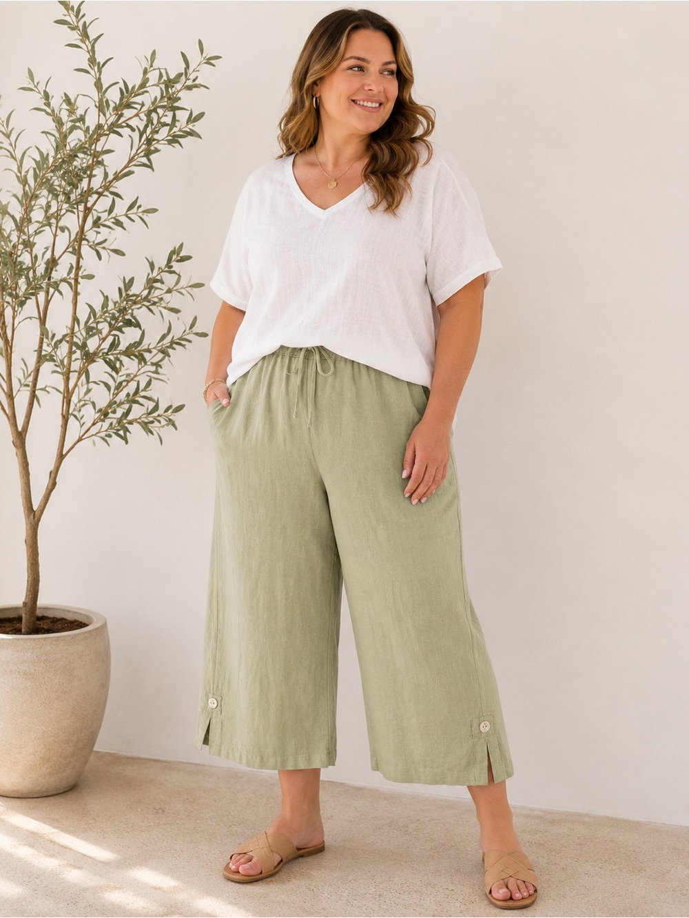 Two Star Dog 100% Linen Sage Green Drawstring Capri Pants Pockets Resort Wear